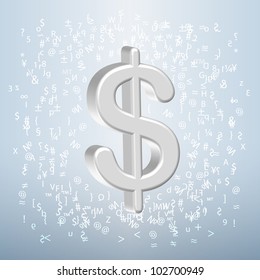 Glossy silver dollar sign over typographic characters in a light blue background
