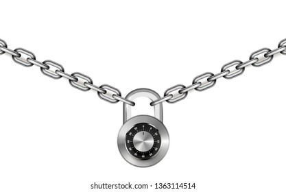 Glossy silver metal chains with round code padlock on white wide background