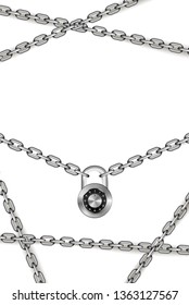 A lot of glossy silver metal chains with round code padlock on white, vertical background