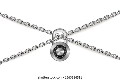 Glossy silver metal crossed chains with round code padlock on white wide background