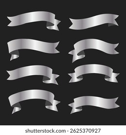Glossy Silver Ribbons and Banners Set for Design and Decorations