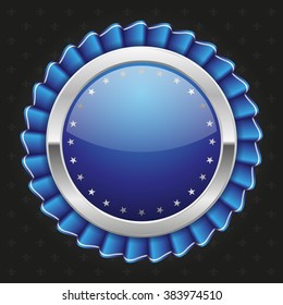 Glossy silver rosette with blue ribbon on black background