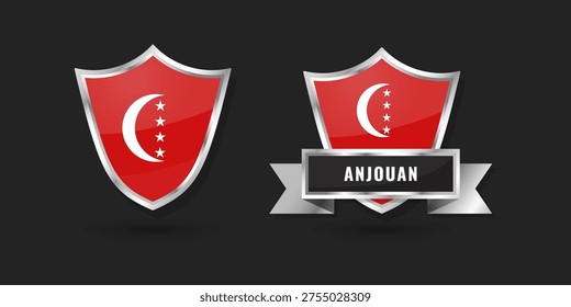 Glossy silver shield emblems featuring the flag of Anjouan (Ndzuwani). Includes a version with a name banner. High-quality vector graphics for Comorian patriotic and sports designs