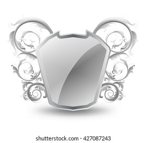 Glossy silver shield with floral pattern vector on a white background