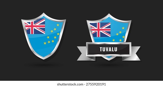 Glossy silver shield icons featuring the national flag of Tuvalu. Professional vector badge set for Tuvaluan national symbols and identity for Pacific themes.