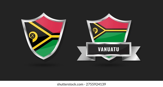 Glossy silver shield icons featuring the national flag of Vanuatu. Professional vector badge set for Ni-Vanuatu national symbols and identity for Pacific themes.
