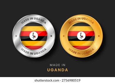 Glossy silver shield icons featuring the national flag of Uganda. Professional vector badge set for Ugandan national symbols and identity for travel and geography.