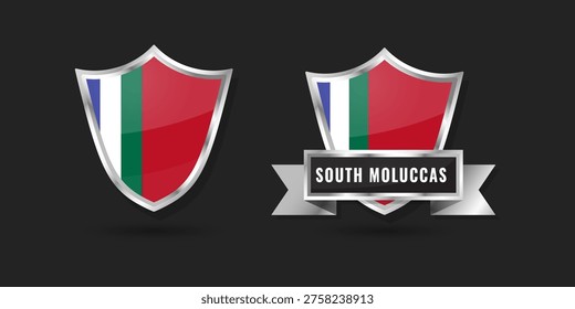 Glossy silver shield icons featuring the flag of South Moluccas (RMS). Includes a separate version with a metallic nameplate ribbon. Vector graphics for historical and regional use.