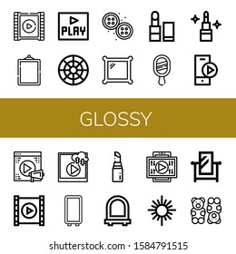 glossy simple icons set. Contains such icons as Video player, Mirror, Play, Color circle, Buttons, Lipstick, Play button, Video, Gummy bear, can be used for web, mobile and logo