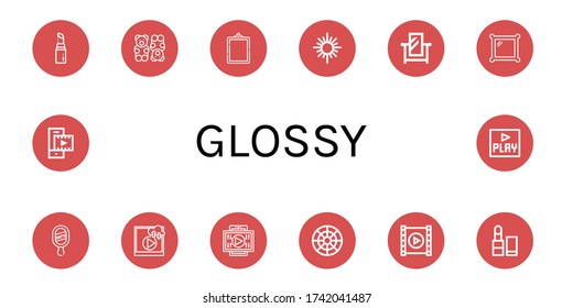 glossy simple icons set. Contains such icons as Lipstick, Gummy bear, Mirror, Video, Color circle, Video player, Play, can be used for web, mobile and logo
