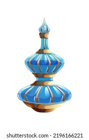 Glossy small blue phial decorated with gold full of liquid. Shiny closed small precious bottle with potion, magic elixir or perfume, magician or perfumer inventory vector