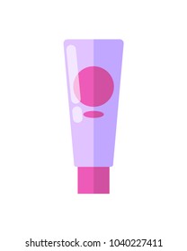 Glossy small pink tube of soft liquid skin lotion isolated cartoon flat vector illustration. Compact container with cosmetic means of high quality.