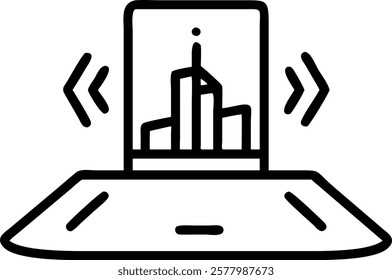Glossy smartphone with holographic city projection on plain surface concept as A glossy smartphone placed on a plain surface projects a holographic image of a smart city symbolizin