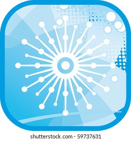 Glossy snowflake in blue button isolated on white