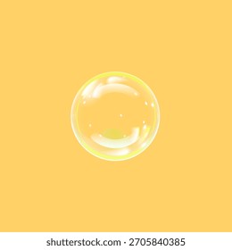 Burbuja de jabón brillante sobre un fondo amarillo brillante. Elemento de diseño minimalista vibrante que simboliza frescura, ligereza, diversión, pureza y sentimiento de verano alegre.