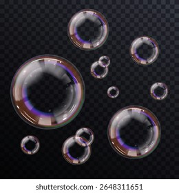Glossy soap bubble set with realistic shine, isolated on clear PNG background. Ideal for air freshness design, bathroom scenes, fun party flyers, cosmetic branding or UI sparkle effects.