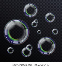 Glossy soap bubble set with realistic shine, isolated on clear PNG background. Ideal for air freshness design, bathroom scenes, fun party flyers, cosmetic branding or UI sparkle effects.