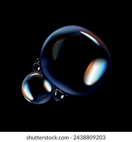 Glossy soap bubbles on black background. Transparent soap bubbles with reflection.	
