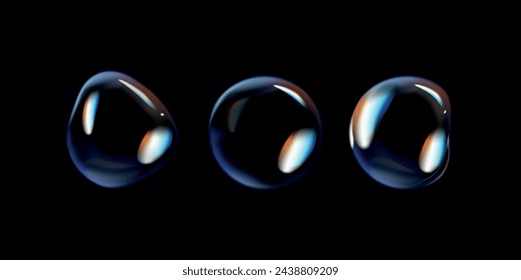 Glossy soap bubbles on black background. Transparent soap bubbles with reflection.	
