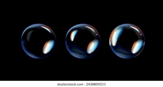 Glossy soap bubbles on black background. Transparent soap bubbles with reflection.	
