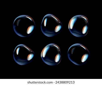 Glossy soap bubbles on black background. Transparent soap bubbles with reflection.	
