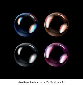 Glossy soap bubbles on black background. Transparent soap bubbles with reflection.	
