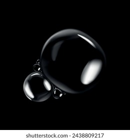 Glossy soap bubbles on black background. Transparent soap bubbles with reflection.	
