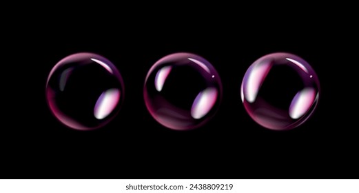 Burbujas de jabón brillante sobre fondo negro. Burbujas de jabón transparentes con reflejo.	
