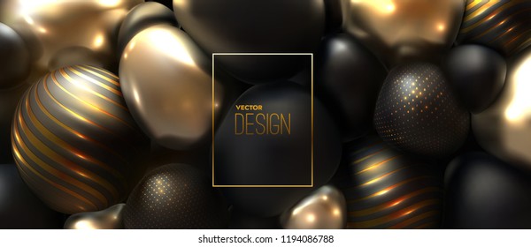Glossy soft body spheres. Abstract 3d background. Vector realistic illustration. Black and golden squeezed balls or bubbles. Jewelry decoration. Luxury ornament. Modern cover design. Banner template