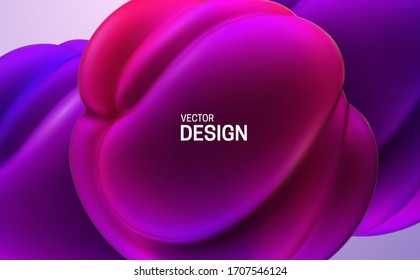 Glossy soft shapes. Abstract 3d background. Vector realistic illustration. Purple and violet squeezed balls or bubbles. Vibrant decoration. Organic gradient structure. Modern cover design. Banner temp