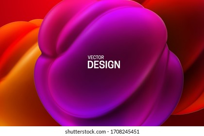 Glossy soft shapes. Abstract 3d background. Vector realistic illustration. Purple and red squeezed bubbles. Vibrant decoration. Organic gradient structure. Modern cover design. Banner template