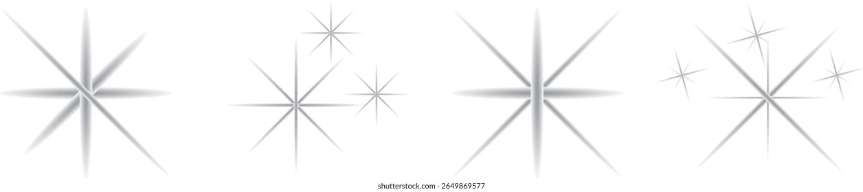 Glänzend funkelnde und glänzende Sterneneffekte im sanften Farbverlauf-Stil. Ideal für Overlays, Lichteffekte, Urlaubsdekorationen, magische Szenen und verträumtes Grafikdesign im hochauflösenden Vektorformat.