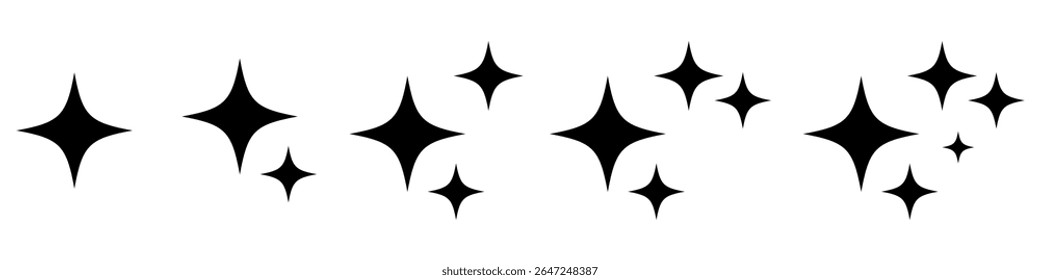 Conjunto de ícones brilhantes de estrela cintilante. Vetor Mínimo Black Diamond Twinkle Symbols para efeitos brilhantes, luz mágica, estrelas cósmicas, elementos de interface do usuário, decorações celestiais e design gráfico limpo.