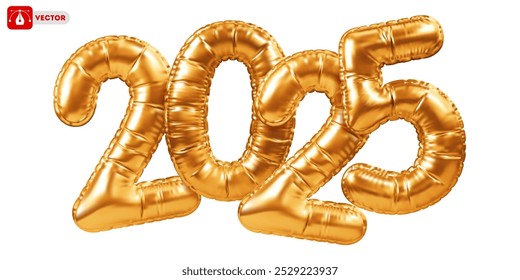 Glossy and sparkling holiday gold balloons in the shape of numbers 2025. 3D realistic golden festive decoration for New Year 2025 celebration. Vector illustration