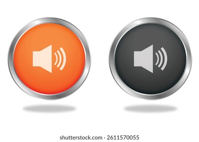 Glossy speaker volume button icons in orange and black with sound waves, perfect for audio settings or controls.