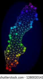 Glossy spectrum mesh vector map of Sweden with glare effect. Abstract lines, triangles, light spots forms map of Sweden on a dark background. Mesh and glare elements are placed on different layers.