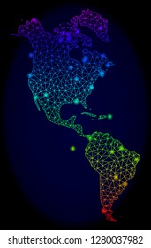 Glossy spectrum mesh vector map of South and North America with glare effect. Abstract lines, triangles, glare spots forms map of South and North America on a dark background.