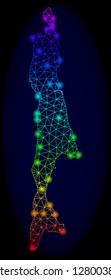 Glossy spectrum mesh vector map of Sakhalin Island with glare effect. Abstract lines, triangles, glare spots forms map of Sakhalin Island on a dark background.