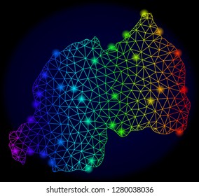 Glossy spectrum mesh vector map of Rwanda with glare effect. Abstract lines, triangles, glare spots forms map of Rwanda on a dark background. Mesh and glare elements are placed on different layers.