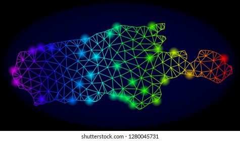 Glossy spectrum mesh vector map of Kangaroo Island with glowing effect. Abstract lines, triangles, light spots forms map of Kangaroo Island on a dark background.
