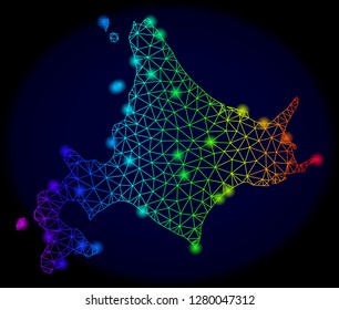 Glossy spectrum mesh vector map of Hokkaido Island with glowing effect. Abstract lines, triangles, light spots forms map of Hokkaido Island on a dark background.