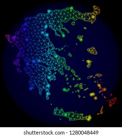 Glossy spectrum mesh vector map of Greece with glowing effect. Abstract lines, triangles, light spots forms map of Greece on a dark background.