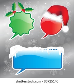 Glossy speech bubbles with a Christmas theme on festive snowflake background. EPS10 vector format