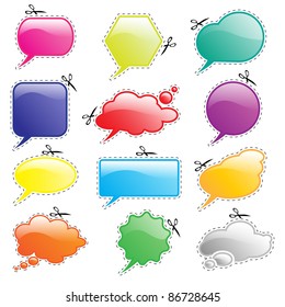 Glossy speech and think bubbles in bright colours with cutout lines and scissors. Space for your text. EPS10 vector format