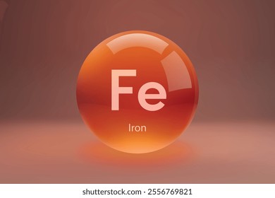 Glossy sphere with "Fe" Iron symbol on a gradient background.