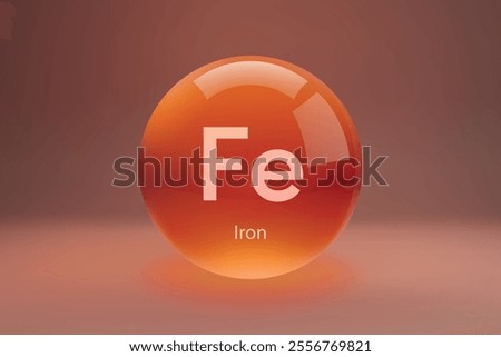 Glossy sphere with "Fe" Iron symbol on a gradient background.