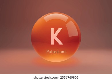 Glossy sphere with "K" Potassium symbol on a gradient background.