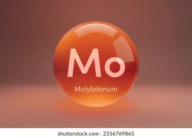 Glossy sphere with "Mo" Molybdenum symbol on a gradient background.