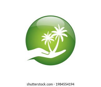 glossy sphere with palm hand holding caring palm tree