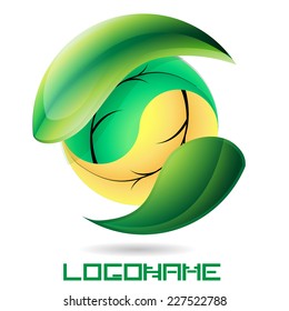  Glossy sphere surrounded by leaves . Ecology Logo . Organic Icon . Vector Illustration .